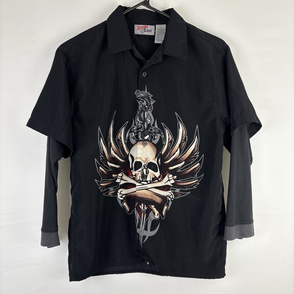 Youth Y2K Xtreme Limit Tattoo Skull Dragon Wings Layered Button Shirt Size 10/12